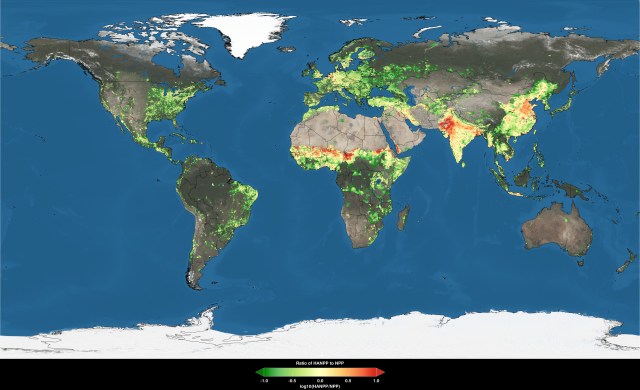 Human appropriated net primary productivity and net primary productivity. Areas in red and yellow are where human use exceeds net primary productivity.