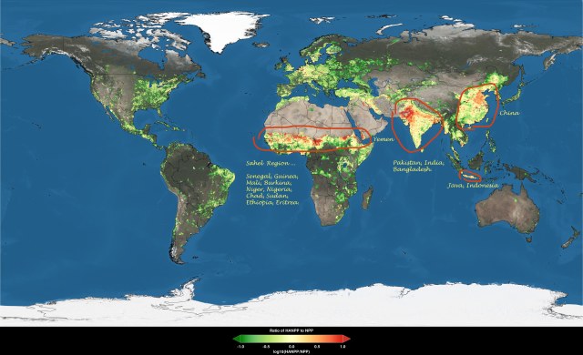 HanPP compared with NPP - regions and countries where HANPP exceeds NPP circled and listed. Map: earthobservatory.nasa (circle and countires added by your truly).